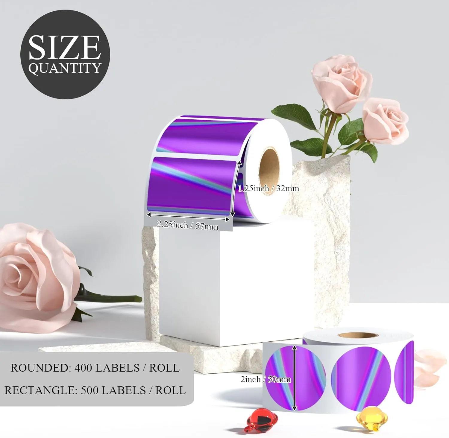 2.25 x 1.25 Inch Holographic Thermal Sticker Labels Purple, 500pcs Printable Rectangular Printer Stickers, Waterproof Self-Adhesive Labels for Small Business Logo/Barcode