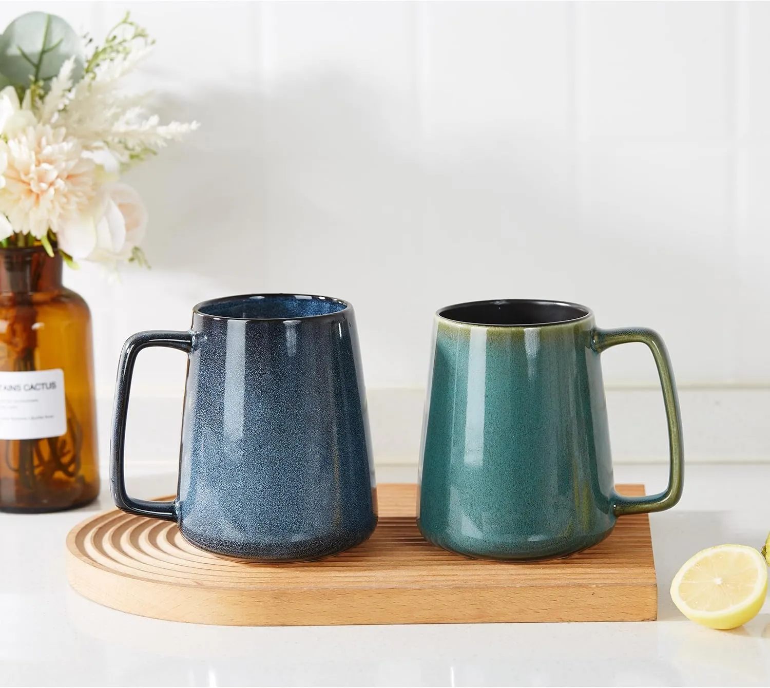 24 OZ Extra Large Ceramic Coffee Mug, with Spoon and Wooden Lid, Big Tea Cups with a Large Handle for Office and Home, Microwave and Dishwasher Safe (24 oz Blue Set)