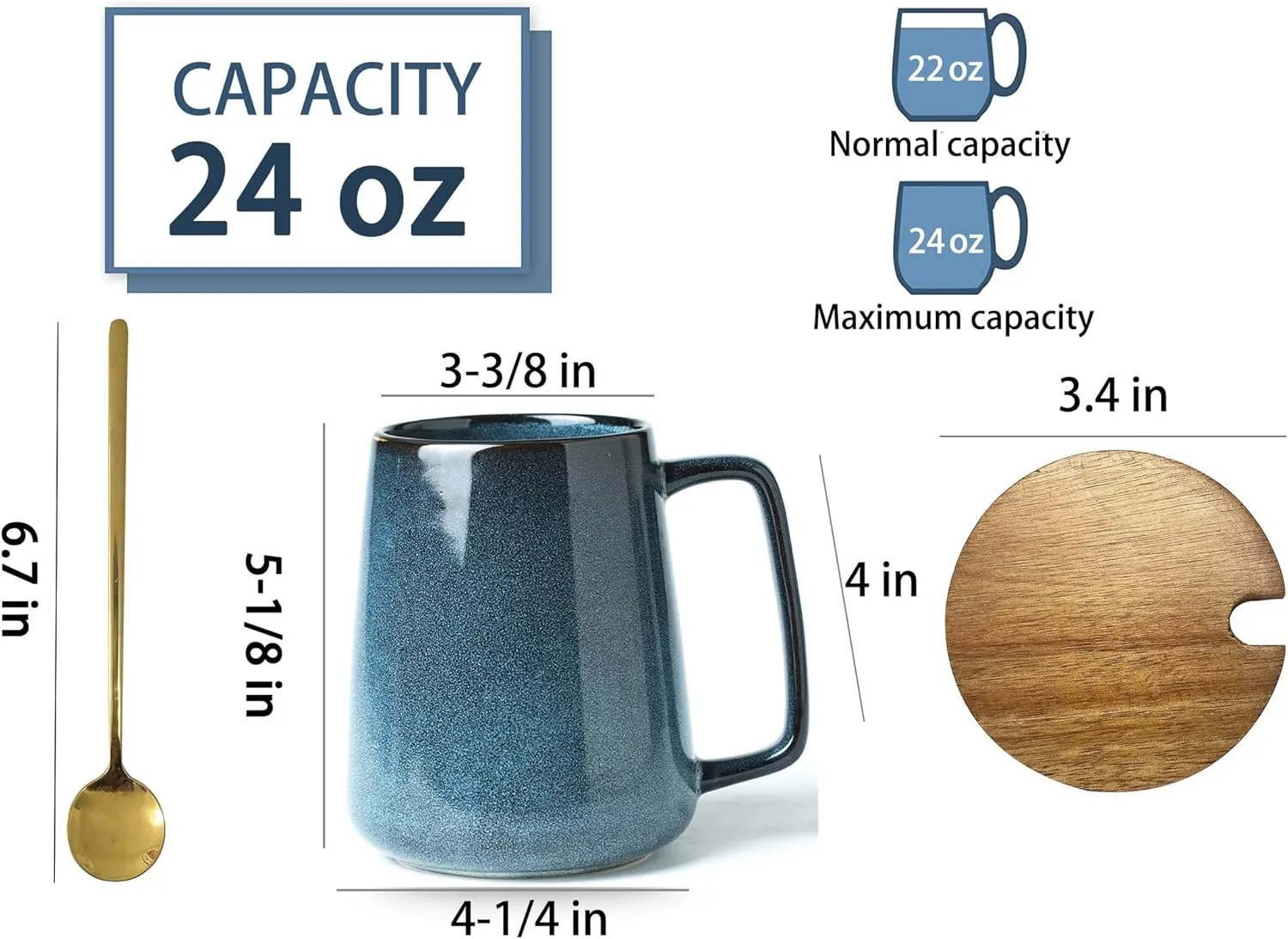 24 OZ Extra Large Ceramic Coffee Mug, with Spoon and Wooden Lid, Big Tea Cups with a Large Handle for Office and Home, Microwave and Dishwasher Safe (24 oz Blue Set)