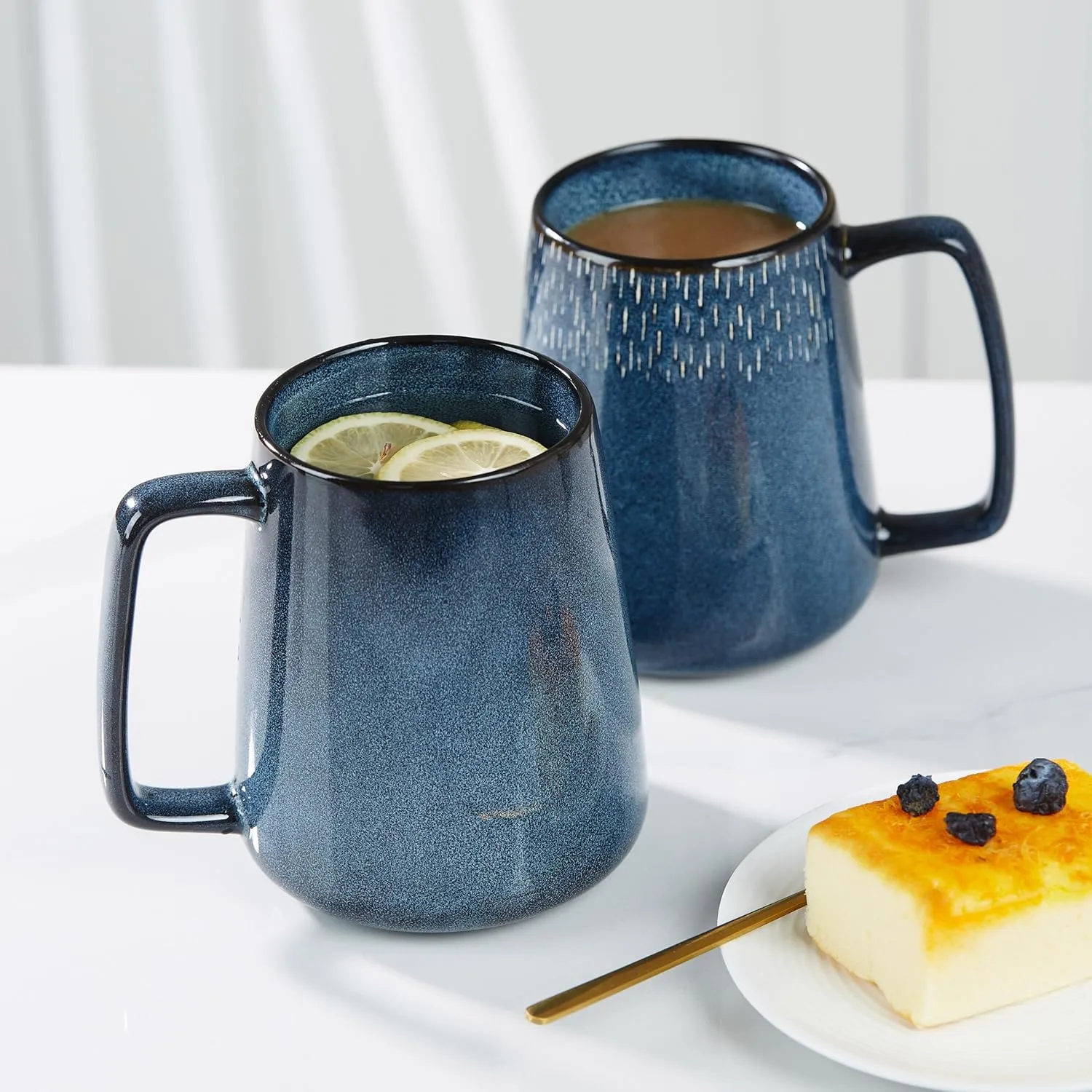 24 OZ Extra Large Ceramic Coffee Mug, with Spoon and Wooden Lid, Big Tea Cups with a Large Handle for Office and Home, Microwave and Dishwasher Safe (24 oz Blue Set)