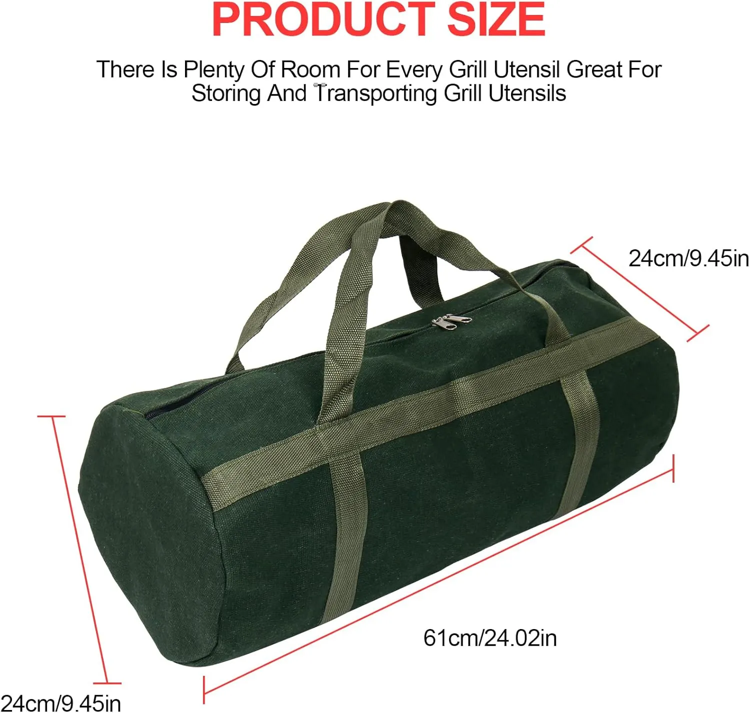 24" Grill Accessory Storage Bag, Tools Storage for Outdoor Grilling, Thick Canvas Double Zipper Utensil Carry Bag for Camping Hiking Barbecue, Dark Green