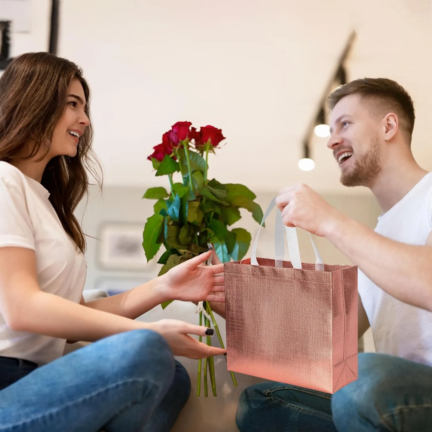 25 Pack Rose Gold Gift Bags for Wedding Bachelorette Party Bulk Cloth Reusable Gift Bag Medium Size for Birthday Christmas Gifts Wrapping