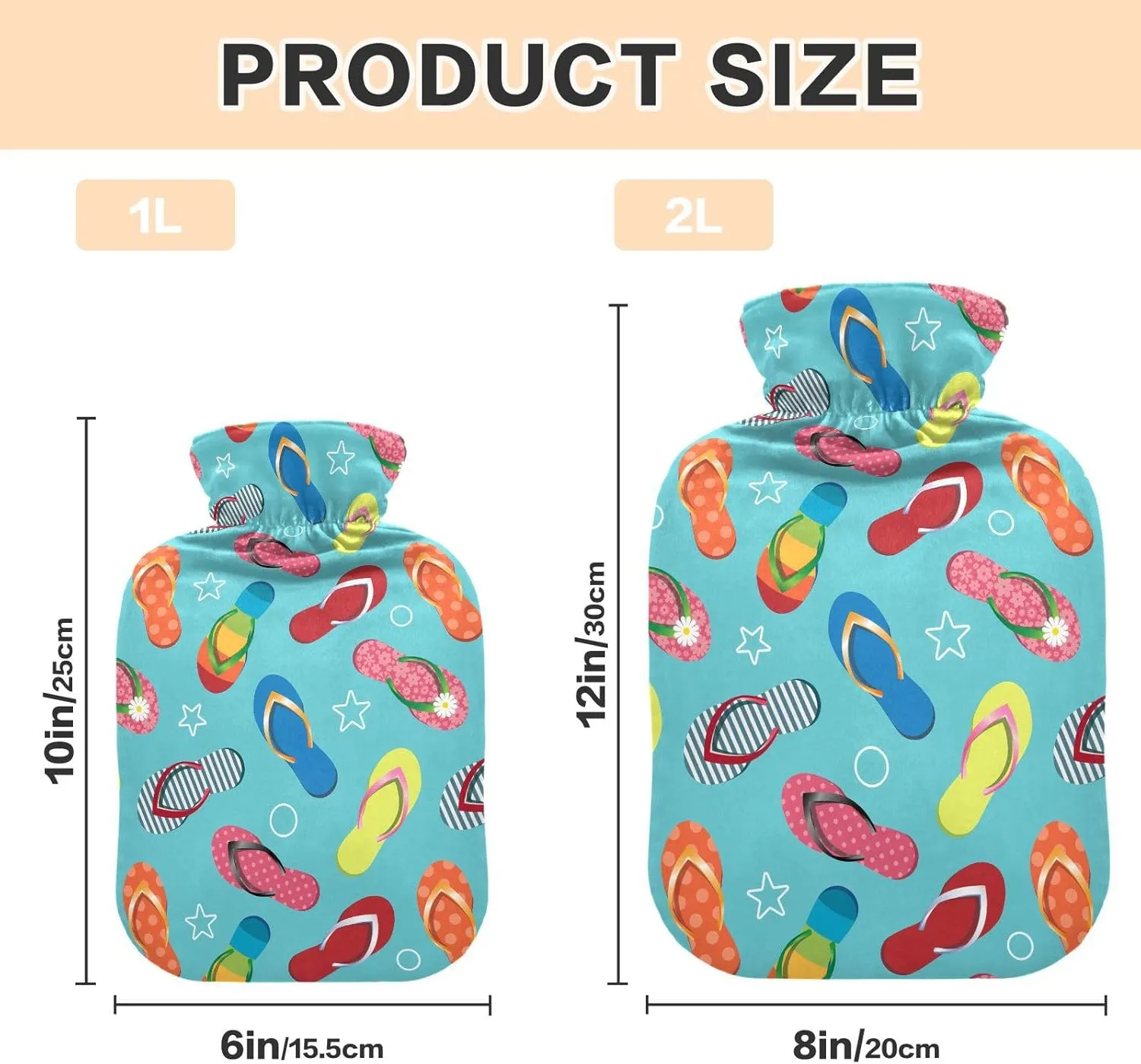 2L Large Hot Water Bottle Bag with Cover, Tropical Flip Flops Light Blue Winter Hot Water Bag for Bed Hand Feet Warmer, Neck, Shoulders and Legs Pain Relief, Menstrual Cramps