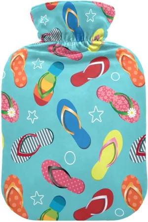 2L Large Hot Water Bottle Bag with Cover, Tropical Flip Flops Light Blue Winter Hot Water Bag for Bed Hand Feet Warmer, Neck, Shoulders and Legs Pain Relief, Menstrual Cramps