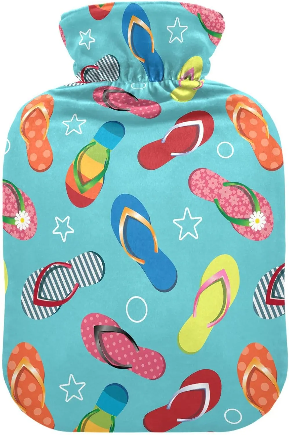 2L Large Hot Water Bottle Bag with Cover, Tropical Flip Flops Light Blue Winter Hot Water Bag for Bed Hand Feet Warmer, Neck, Shoulders and Legs Pain Relief, Menstrual Cramps
