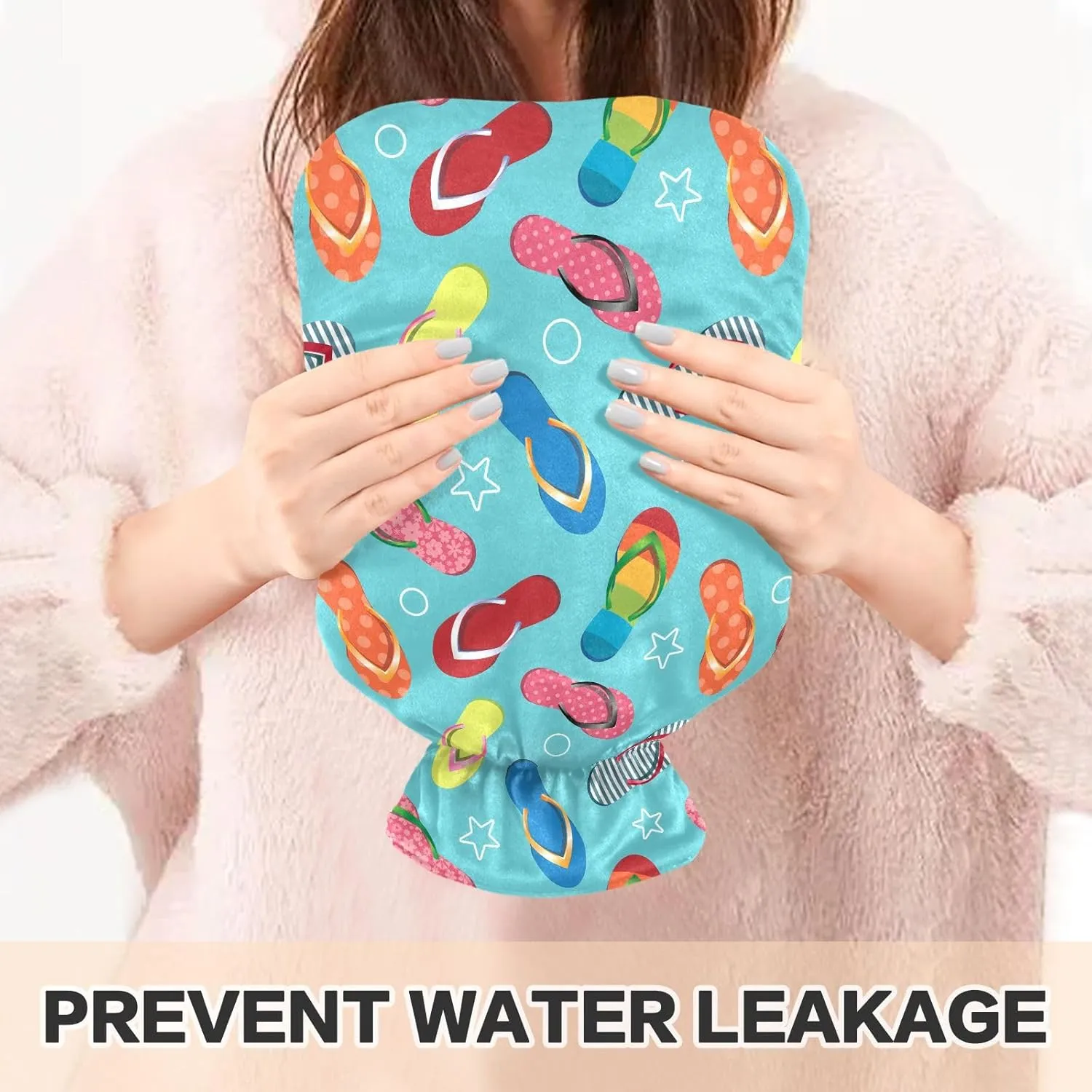 2L Large Hot Water Bottle Bag with Cover, Tropical Flip Flops Light Blue Winter Hot Water Bag for Bed Hand Feet Warmer, Neck, Shoulders and Legs Pain Relief, Menstrual Cramps
