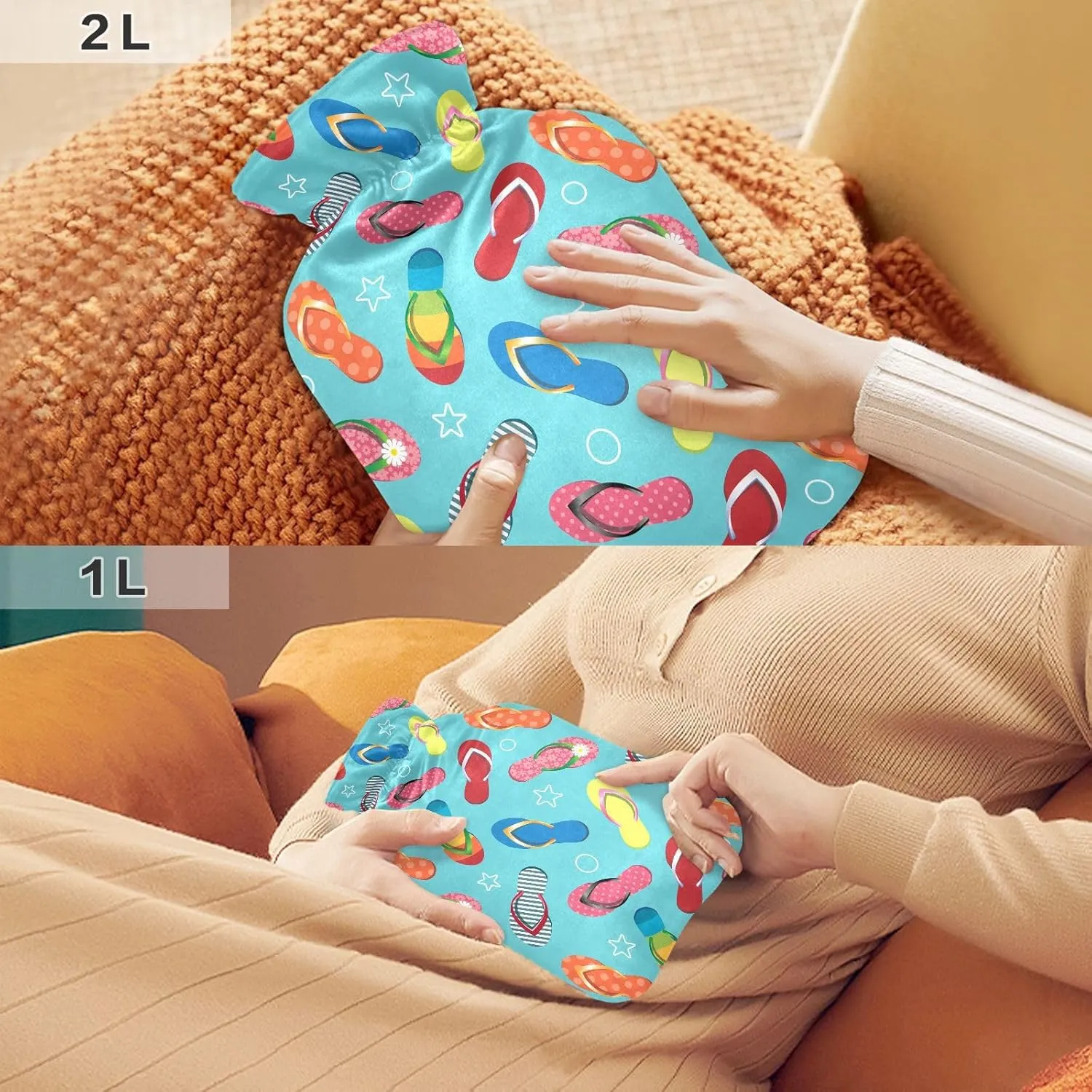 2L Large Hot Water Bottle Bag with Cover, Tropical Flip Flops Light Blue Winter Hot Water Bag for Bed Hand Feet Warmer, Neck, Shoulders and Legs Pain Relief, Menstrual Cramps