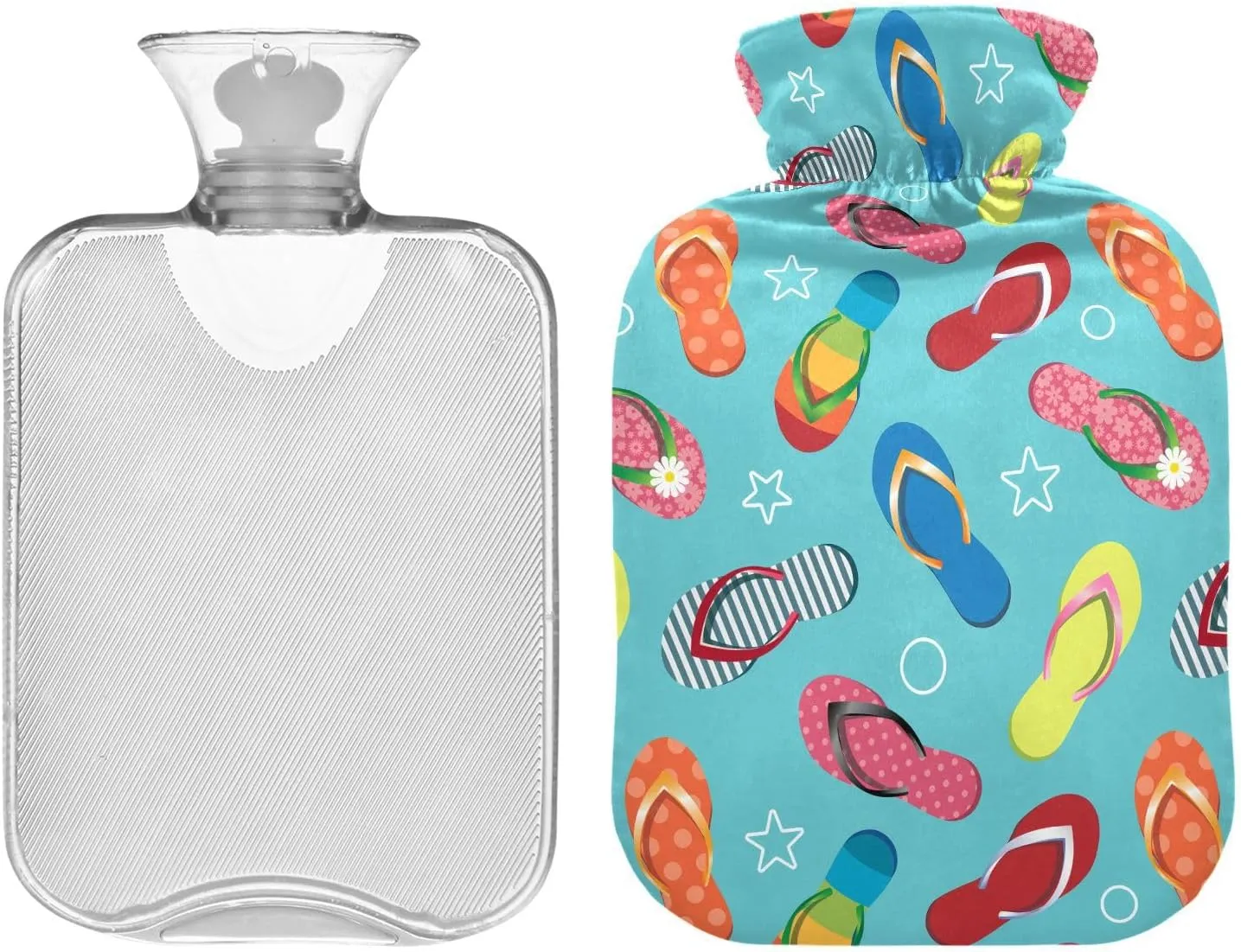 2L Large Hot Water Bottle Bag with Cover, Tropical Flip Flops Light Blue Winter Hot Water Bag for Bed Hand Feet Warmer, Neck, Shoulders and Legs Pain Relief, Menstrual Cramps