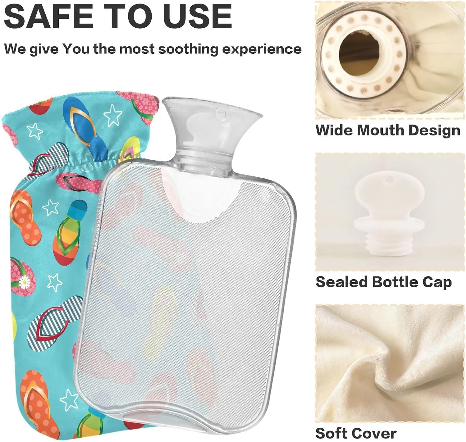 2L Large Hot Water Bottle Bag with Cover, Tropical Flip Flops Light Blue Winter Hot Water Bag for Bed Hand Feet Warmer, Neck, Shoulders and Legs Pain Relief, Menstrual Cramps