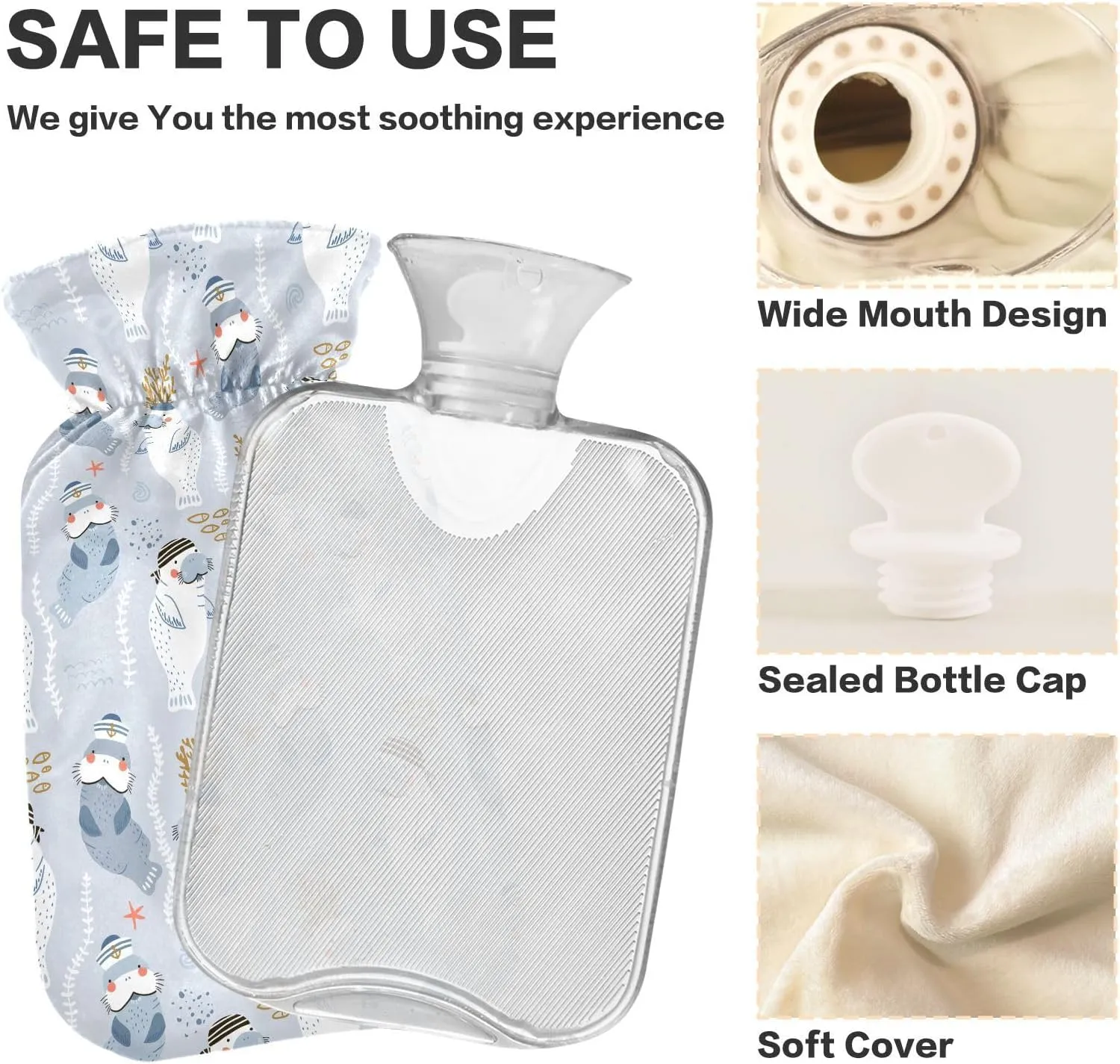 2L Large Hot Water Bottle with Cute Cover, Cute Walrus Transparent Hot Water Bags for Hot and Cold Compress, Neck, Shoulders and Legs Pain Relief, Menstrual Cramps