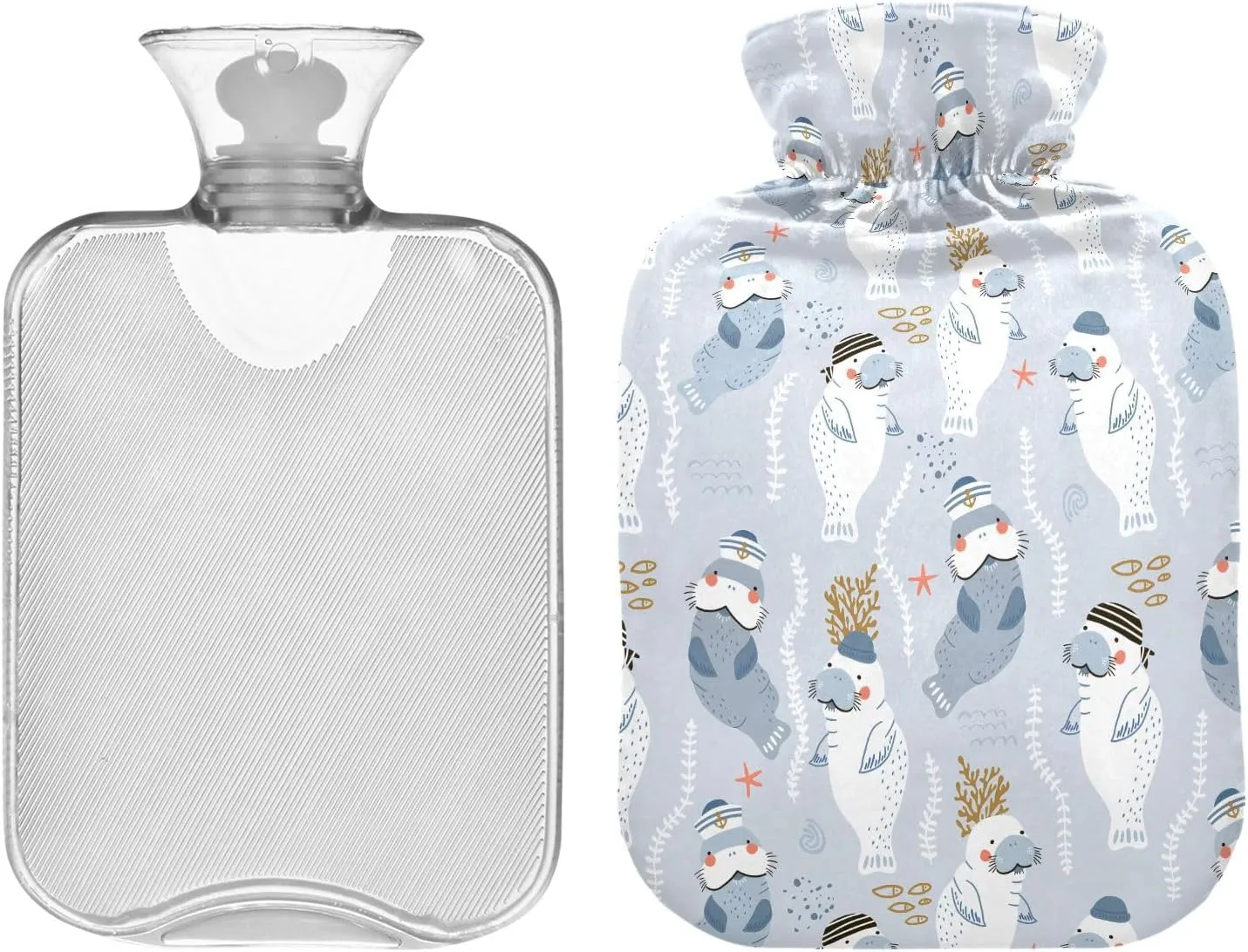 2L Large Hot Water Bottle with Cute Cover, Cute Walrus Transparent Hot Water Bags for Hot and Cold Compress, Neck, Shoulders and Legs Pain Relief, Menstrual Cramps