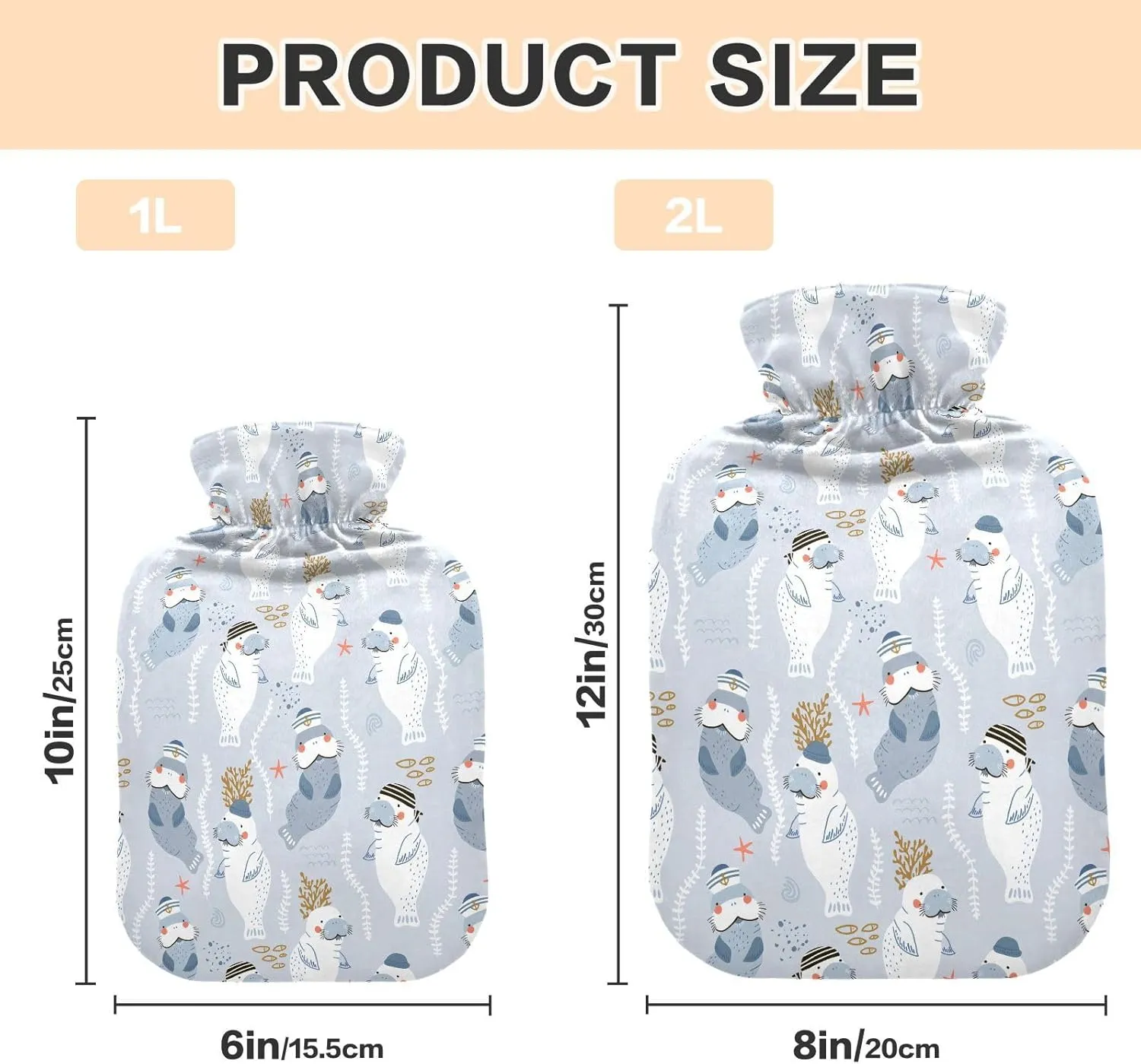 2L Large Hot Water Bottle with Cute Cover, Cute Walrus Transparent Hot Water Bags for Hot and Cold Compress, Neck, Shoulders and Legs Pain Relief, Menstrual Cramps