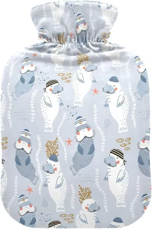 2L Large Hot Water Bottle with Cute Cover, Cute Walrus Transparent Hot Water Bags for Hot and Cold Compress, Neck, Shoulders and Legs Pain Relief, Menstrual Cramps