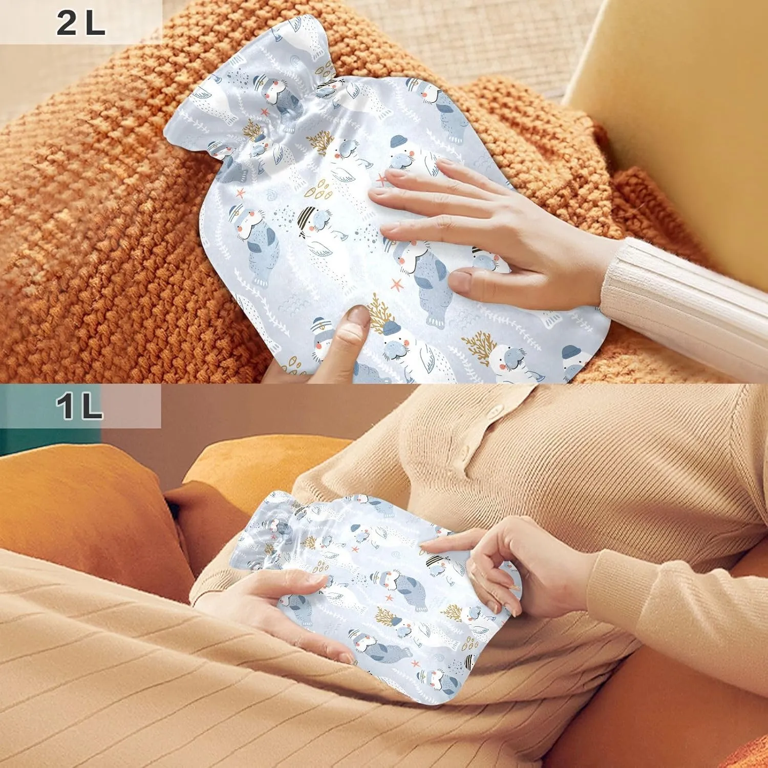 2L Large Hot Water Bottle with Cute Cover, Cute Walrus Transparent Hot Water Bags for Hot and Cold Compress, Neck, Shoulders and Legs Pain Relief, Menstrual Cramps
