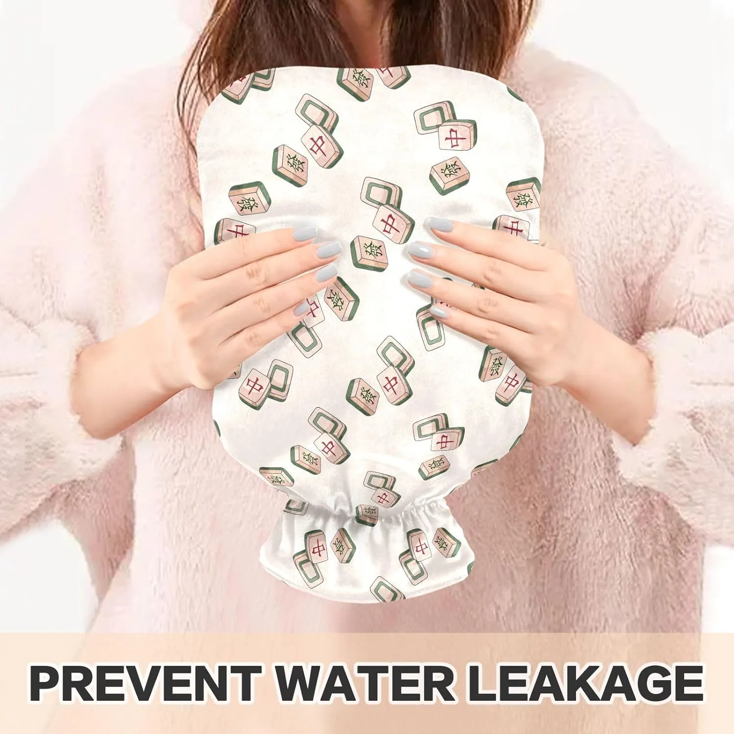 2L Large Hot Water Bottle with Soft Cover, Cute Mahjong Beige Cute Hot Water Bags for Hand Feet Warmers, Menstrual Cramps, Neck and Shoulder Pain Relief