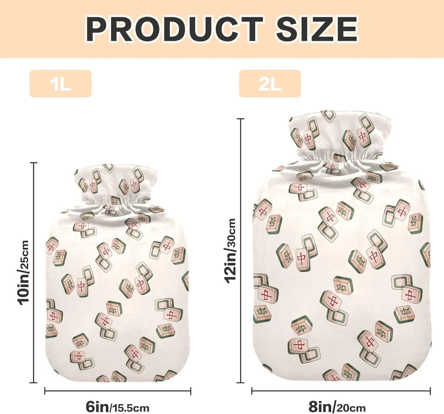 2L Large Hot Water Bottle with Soft Cover, Cute Mahjong Beige Cute Hot Water Bags for Hand Feet Warmers, Menstrual Cramps, Neck and Shoulder Pain Relief