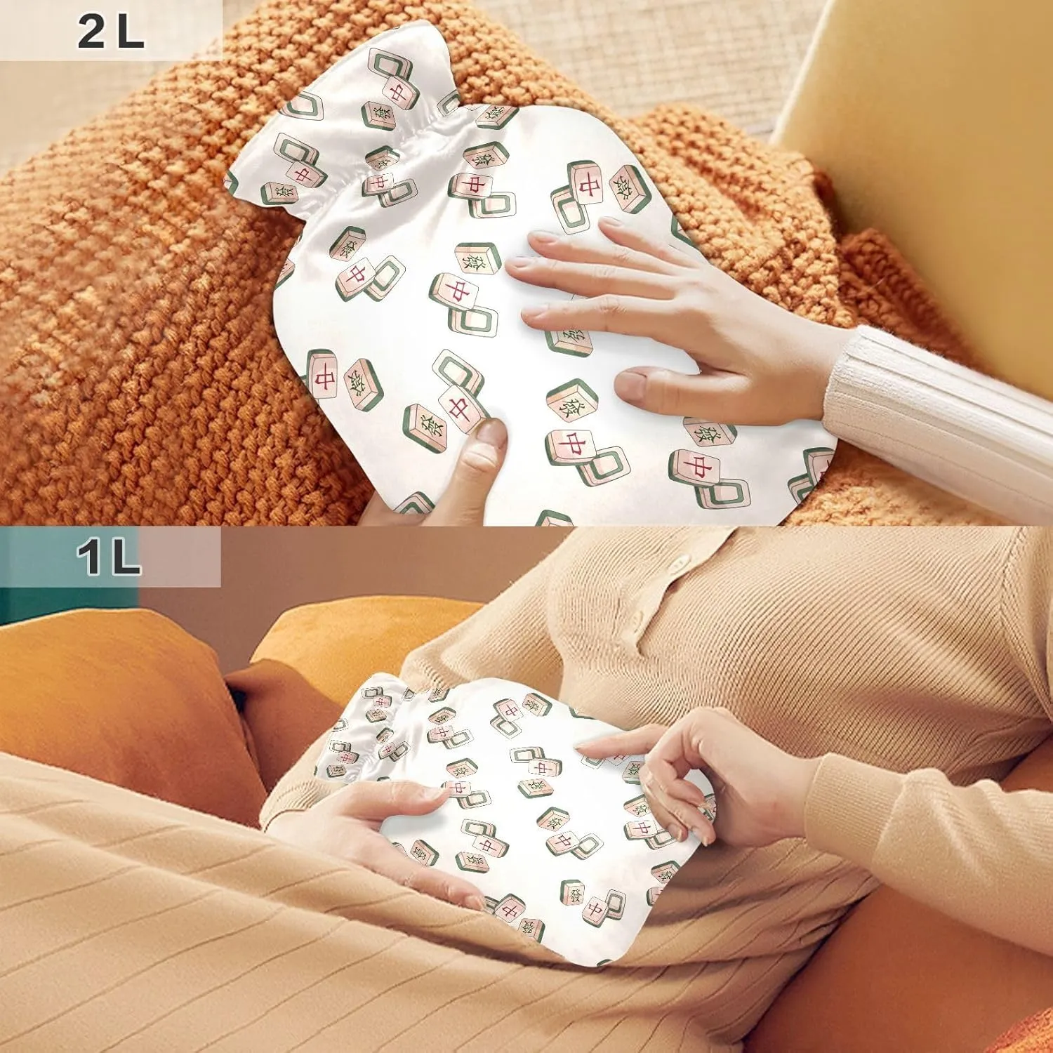 2L Large Hot Water Bottle with Soft Cover, Cute Mahjong Beige Cute Hot Water Bags for Hand Feet Warmers, Menstrual Cramps, Neck and Shoulder Pain Relief