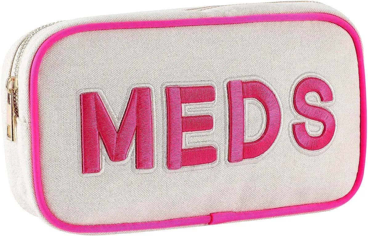 2Pcs Small Canvas Rx MEDS Medicine Packages, Cute Chenille Letter Patch Drug Makeup Bag with Metal Zipper, Mini Travel First Aid Purse Organizer Machine Washable (06 2pcs Hot Pink)