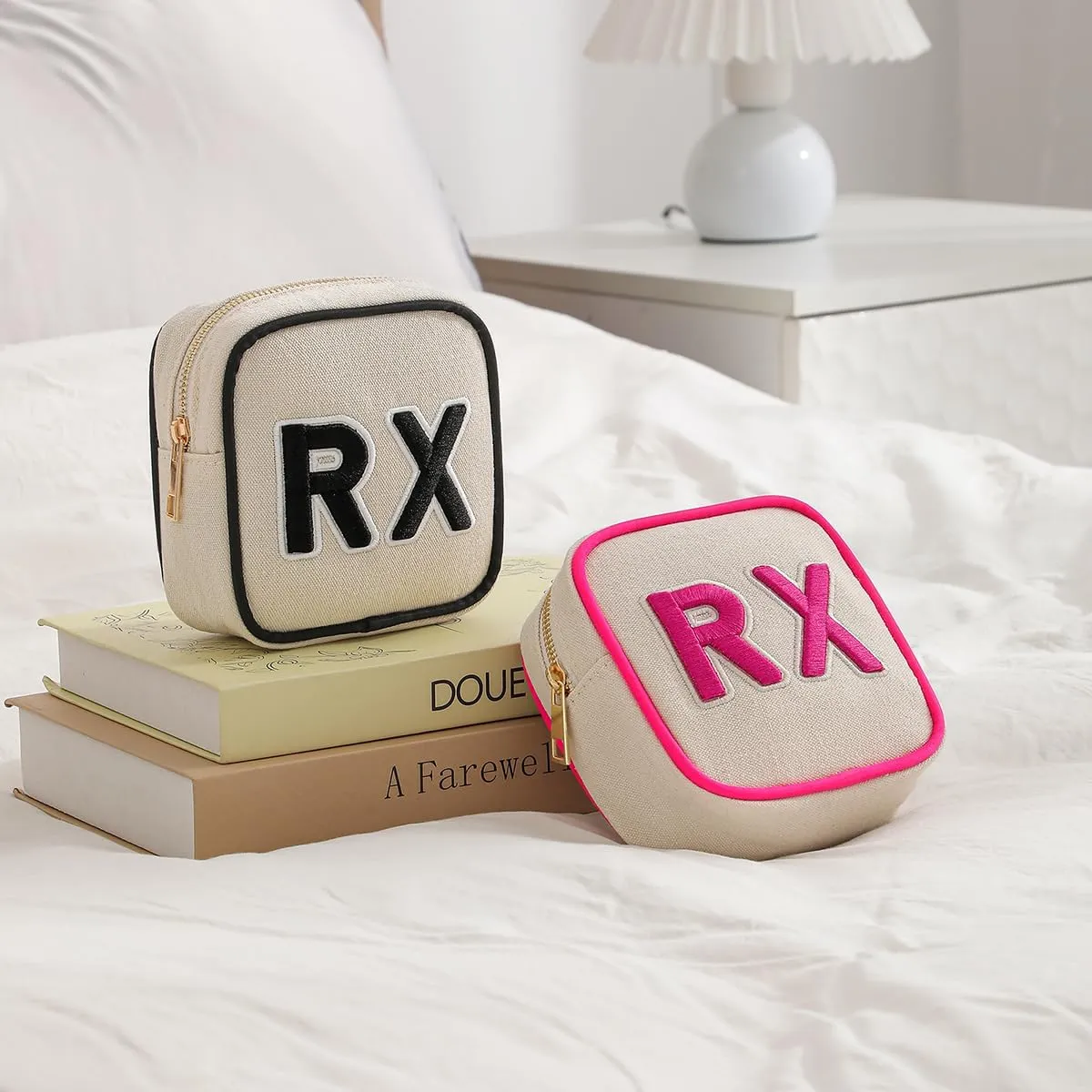 2Pcs Small Canvas Rx MEDS Medicine Packages, Cute Chenille Letter Patch Drug Makeup Bag with Metal Zipper, Mini Travel First Aid Purse Organizer Machine Washable (06 2pcs Hot Pink)