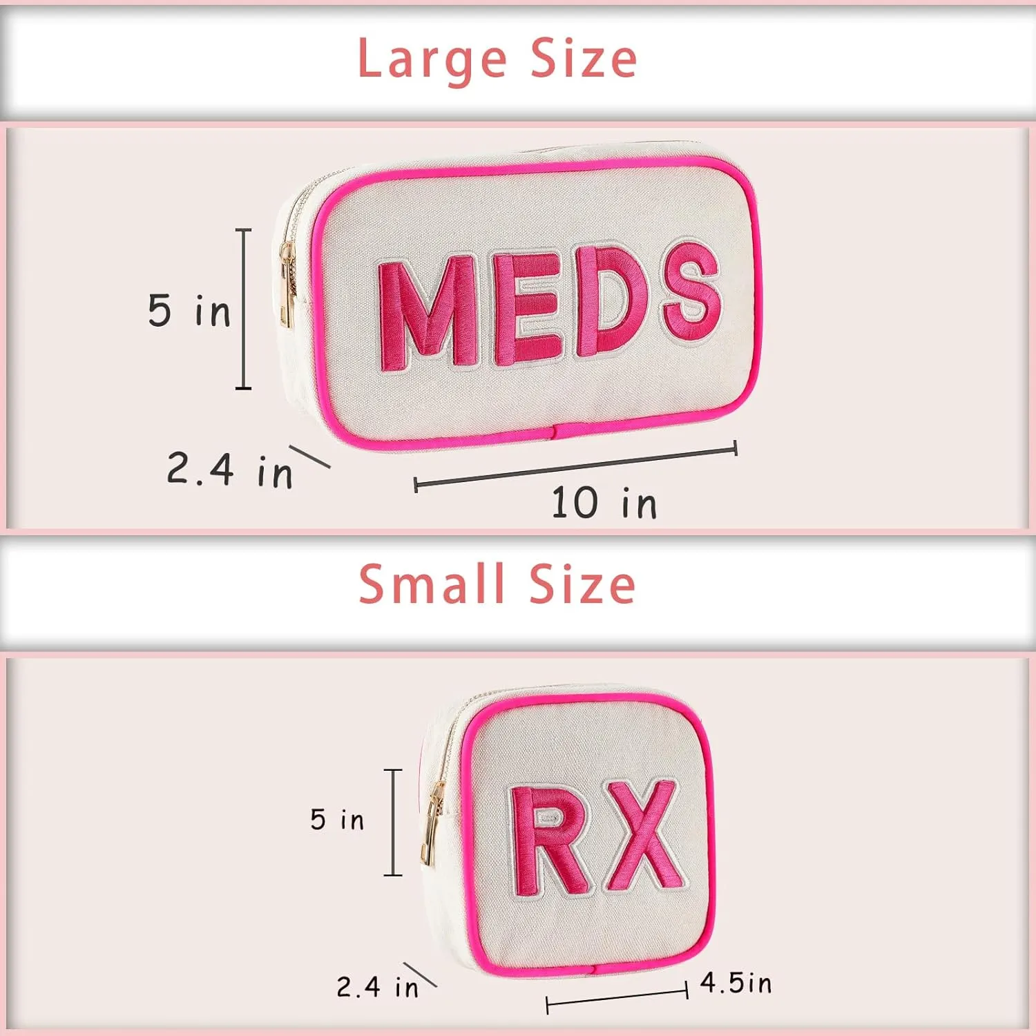 2Pcs Small Canvas Rx MEDS Medicine Packages, Cute Chenille Letter Patch Drug Makeup Bag with Metal Zipper, Mini Travel First Aid Purse Organizer Machine Washable (06 2pcs Hot Pink)