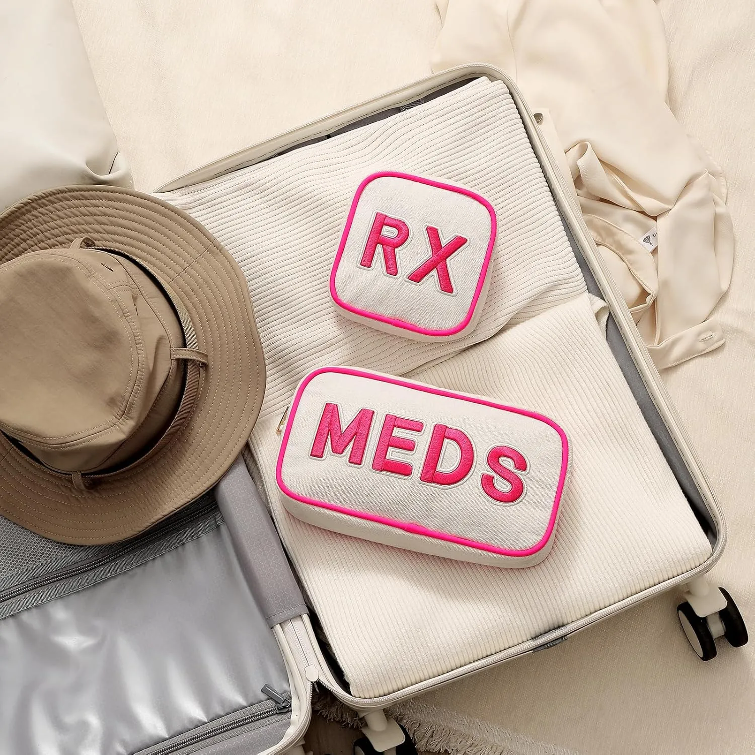 2Pcs Small Canvas Rx MEDS Medicine Packages, Cute Chenille Letter Patch Drug Makeup Bag with Metal Zipper, Mini Travel First Aid Purse Organizer Machine Washable (06 2pcs Hot Pink)