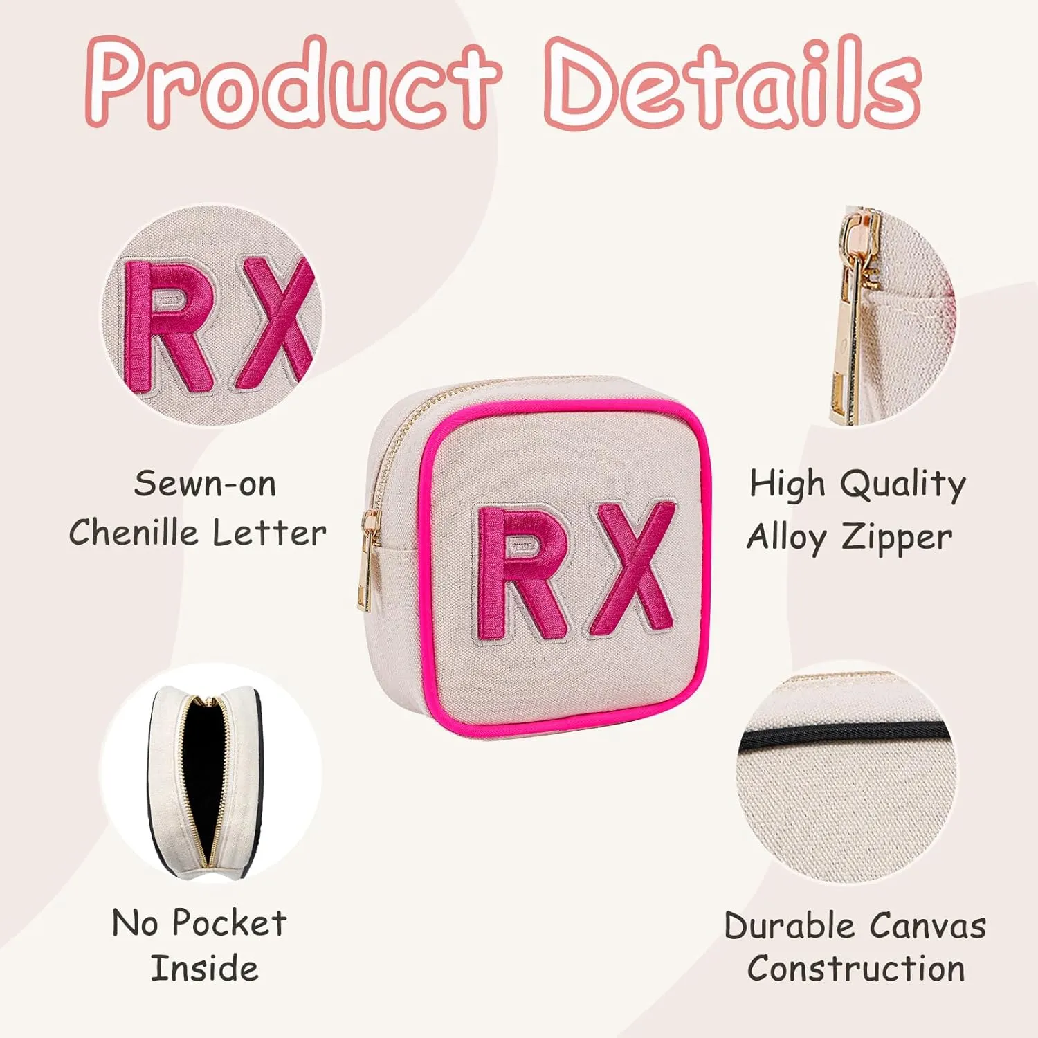 2Pcs Small Canvas Rx MEDS Medicine Packages, Cute Chenille Letter Patch Drug Makeup Bag with Metal Zipper, Mini Travel First Aid Purse Organizer Machine Washable (06 2pcs Hot Pink)