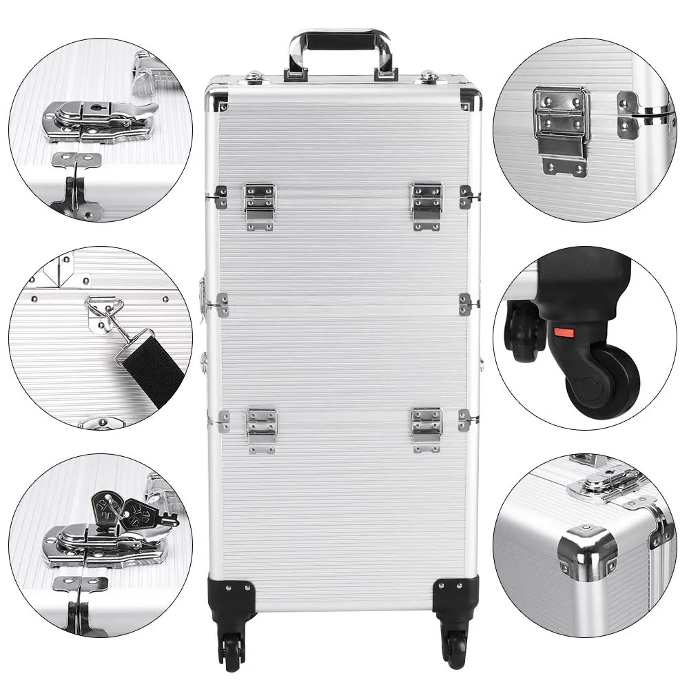 3 in 1 Professional Rolling Train Cases ,Aluminum Makeup Train Case , Multifunction Artist Makeup Cosmetic Train Case with 4 Removable Rolling Wheels and Lockable 4 Keys (Silver)