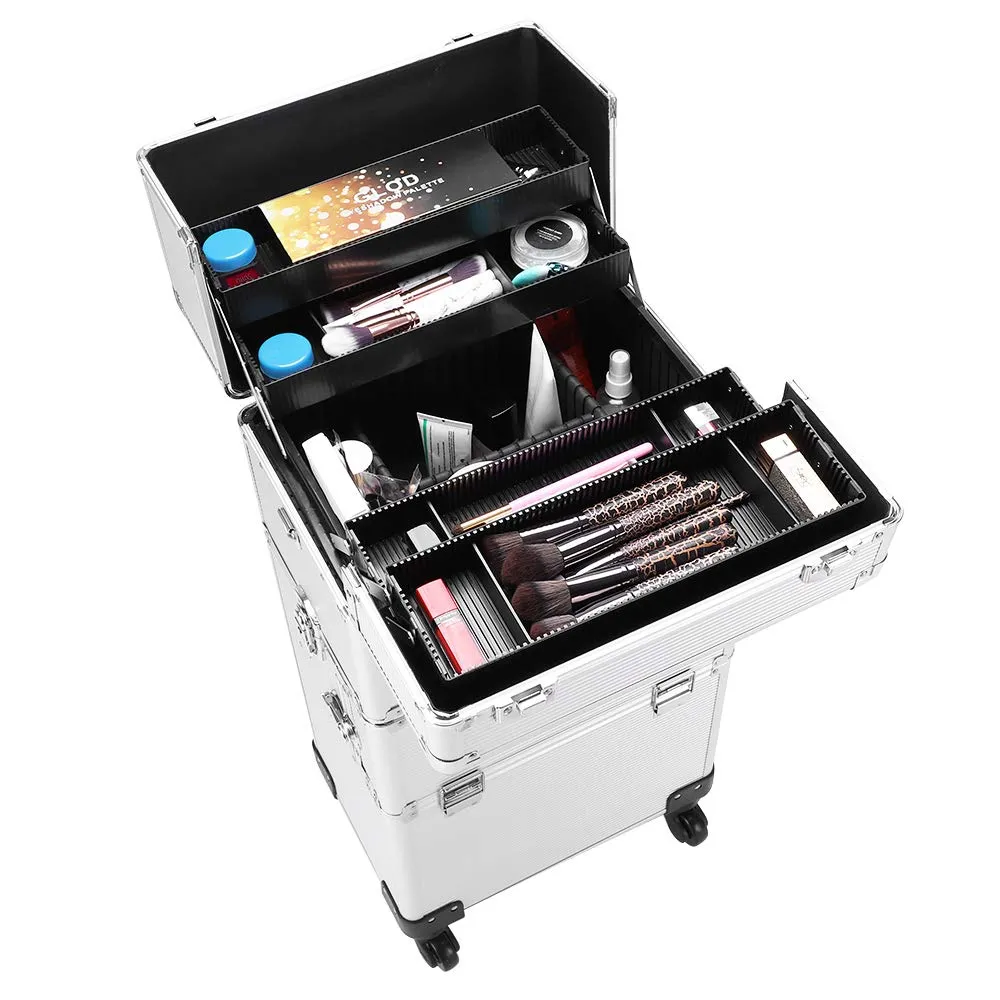 3 in 1 Professional Rolling Train Cases ,Aluminum Makeup Train Case , Multifunction Artist Makeup Cosmetic Train Case with 4 Removable Rolling Wheels and Lockable 4 Keys (Silver)