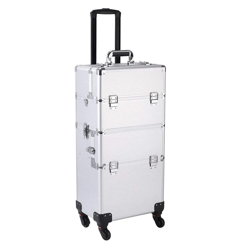 3 in 1 Professional Rolling Train Cases ,Aluminum Makeup Train Case , Multifunction Artist Makeup Cosmetic Train Case with 4 Removable Rolling Wheels and Lockable 4 Keys (Silver)