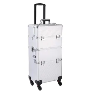 3 in 1 Professional Rolling Train Cases ,Aluminum Makeup Train Case , Multifunction Artist Makeup Cosmetic Train Case with 4 Removable Rolling Wheels and Lockable 4 Keys (Silver)