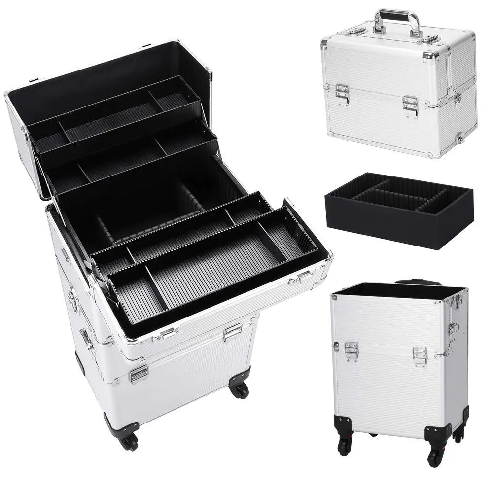 3 in 1 Professional Rolling Train Cases ,Aluminum Makeup Train Case , Multifunction Artist Makeup Cosmetic Train Case with 4 Removable Rolling Wheels and Lockable 4 Keys (Silver)