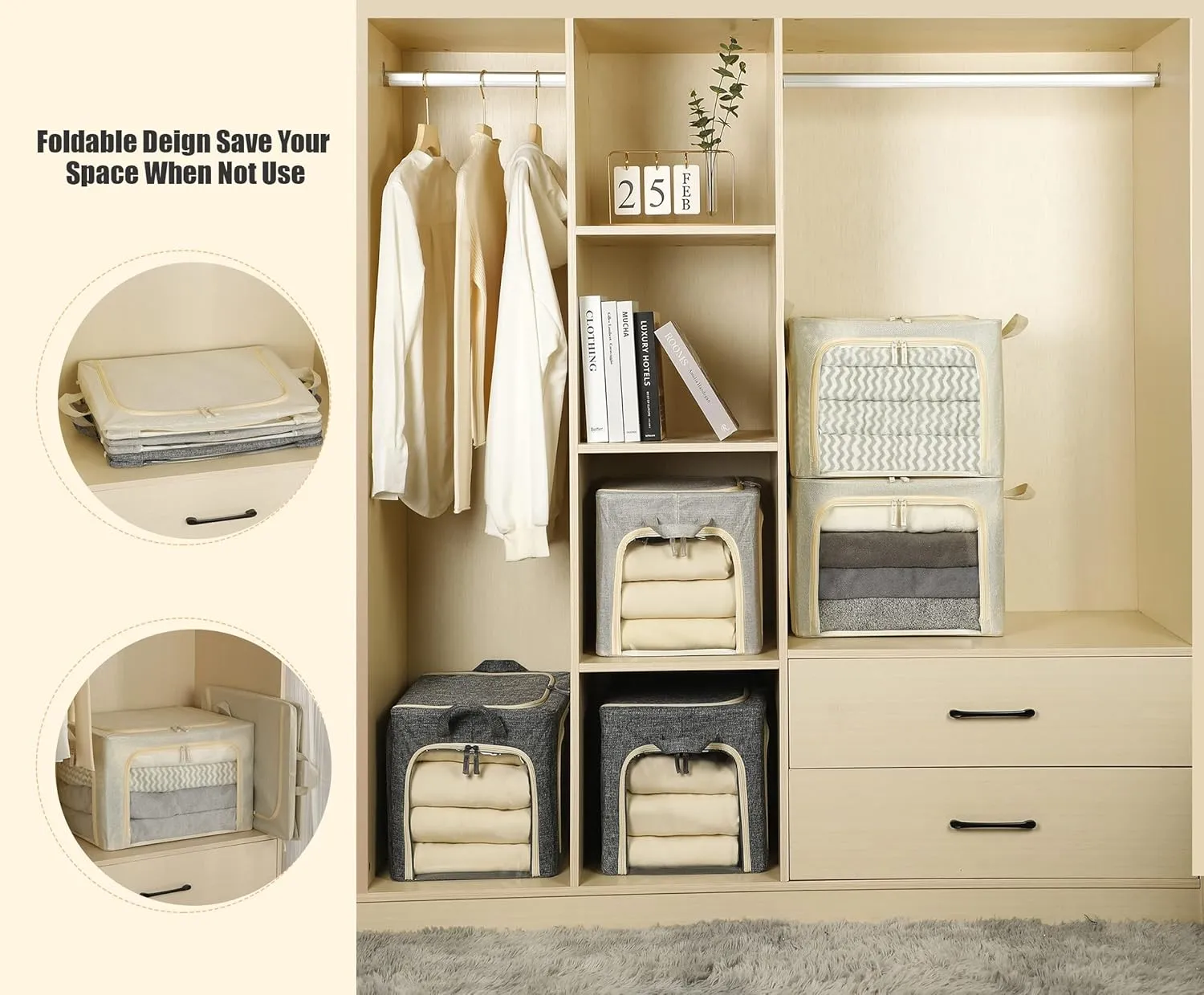 3 Openings Clothes Storage Bins with Metal Frame, Foldable Storage Bin for Clothes, Clothing Storage Bins with Lid, Linen Storage Box With Clear Window＆ Zippers＆ Durable Handles.(3 Pcs,Beige,40L)