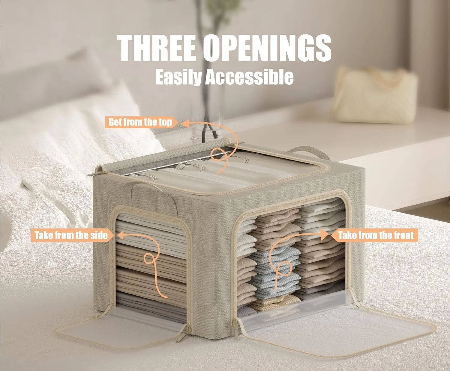 3 Openings Clothes Storage Bins with Metal Frame, Foldable Storage Bin for Clothes, Clothing Storage Bins with Lid, Linen Storage Box With Clear Window＆ Zippers＆ Durable Handles.(3 Pcs,Beige,40L)