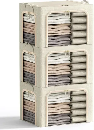 3 Openings Clothes Storage Bins with Metal Frame, Foldable Storage Bin for Clothes, Clothing Storage Bins with Lid, Linen Storage Box With Clear Window＆ Zippers＆ Durable Handles.(3 Pcs,Beige,40L)