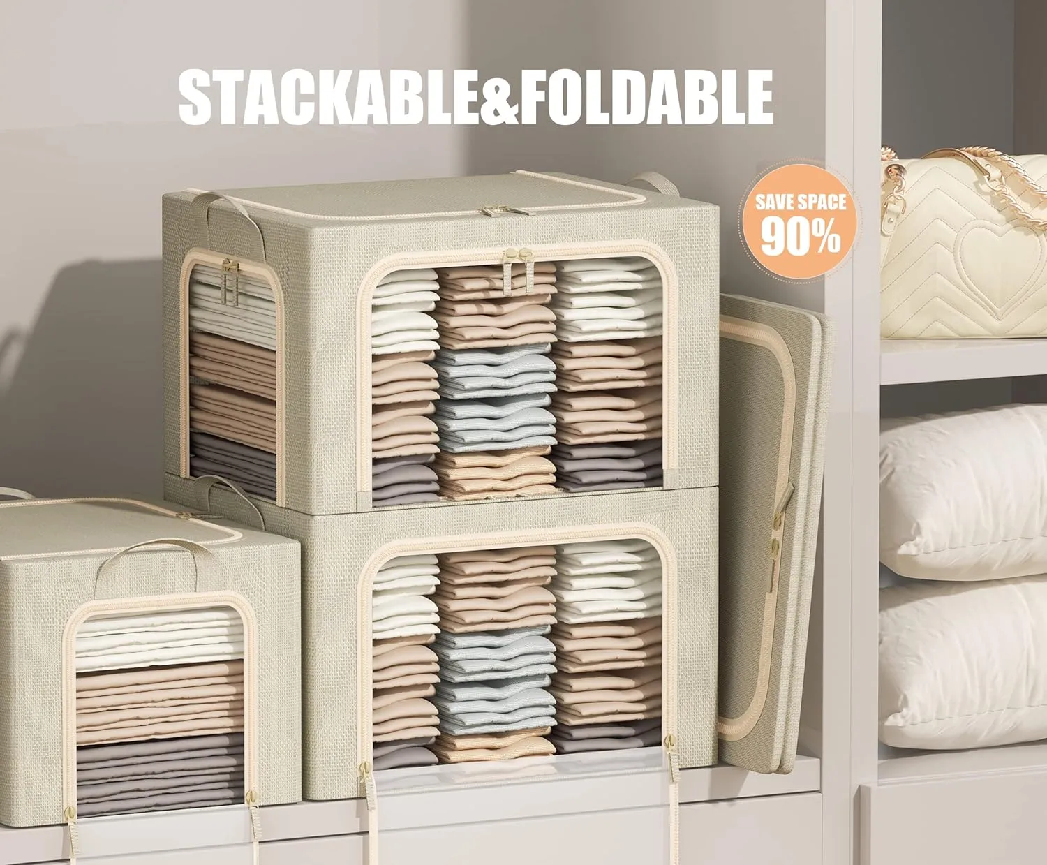 3 Openings Clothes Storage Bins with Metal Frame, Foldable Storage Bin for Clothes, Clothing Storage Bins with Lid, Linen Storage Box With Clear Window＆ Zippers＆ Durable Handles.(3 Pcs,Beige,40L)