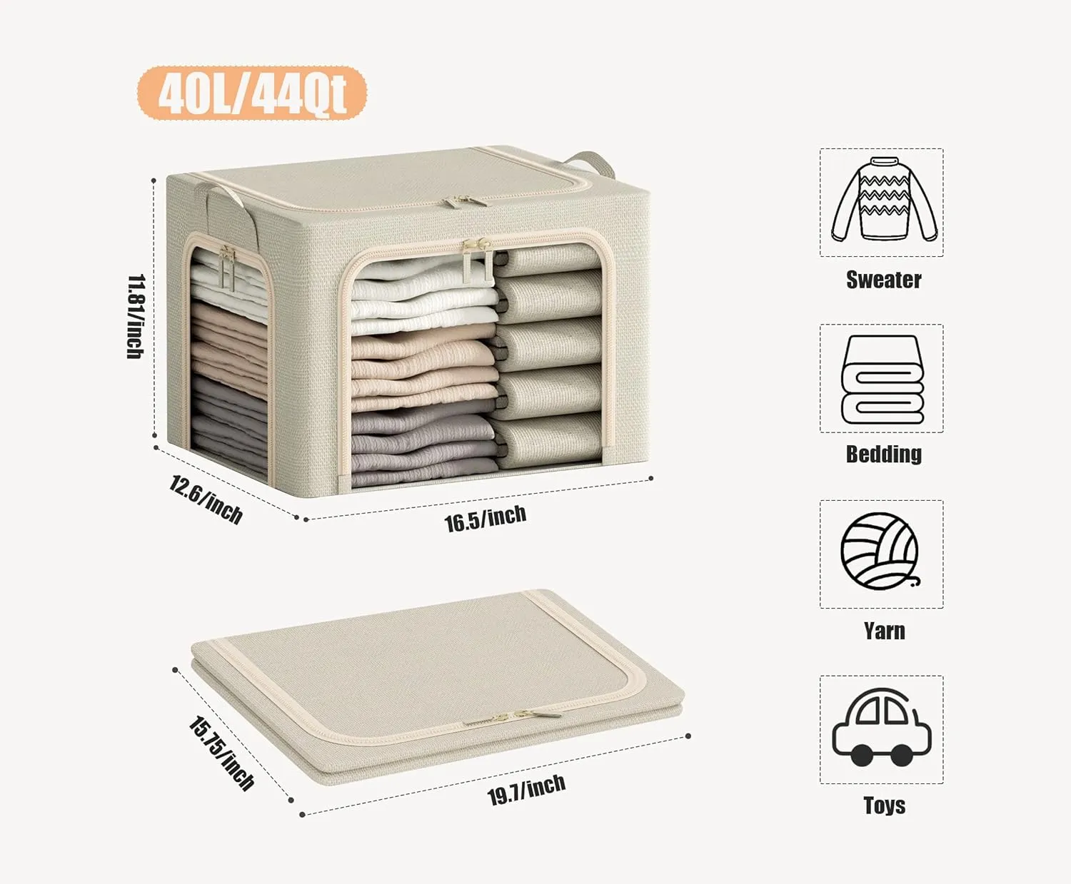 3 Openings Clothes Storage Bins with Metal Frame, Foldable Storage Bin for Clothes, Clothing Storage Bins with Lid, Linen Storage Box With Clear Window＆ Zippers＆ Durable Handles.(3 Pcs,Beige,40L)