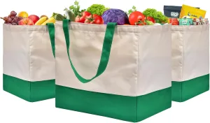 3 Pack Canvas Reusable Grocery Bags Heavy Duty, 8.3 gal Foldable Large Canvas Tote Bag with Handles, Holds 60 lbs Canvas Shopping Bags & Washable Eco-friendly Bags with 5 Pockets, Green Off white