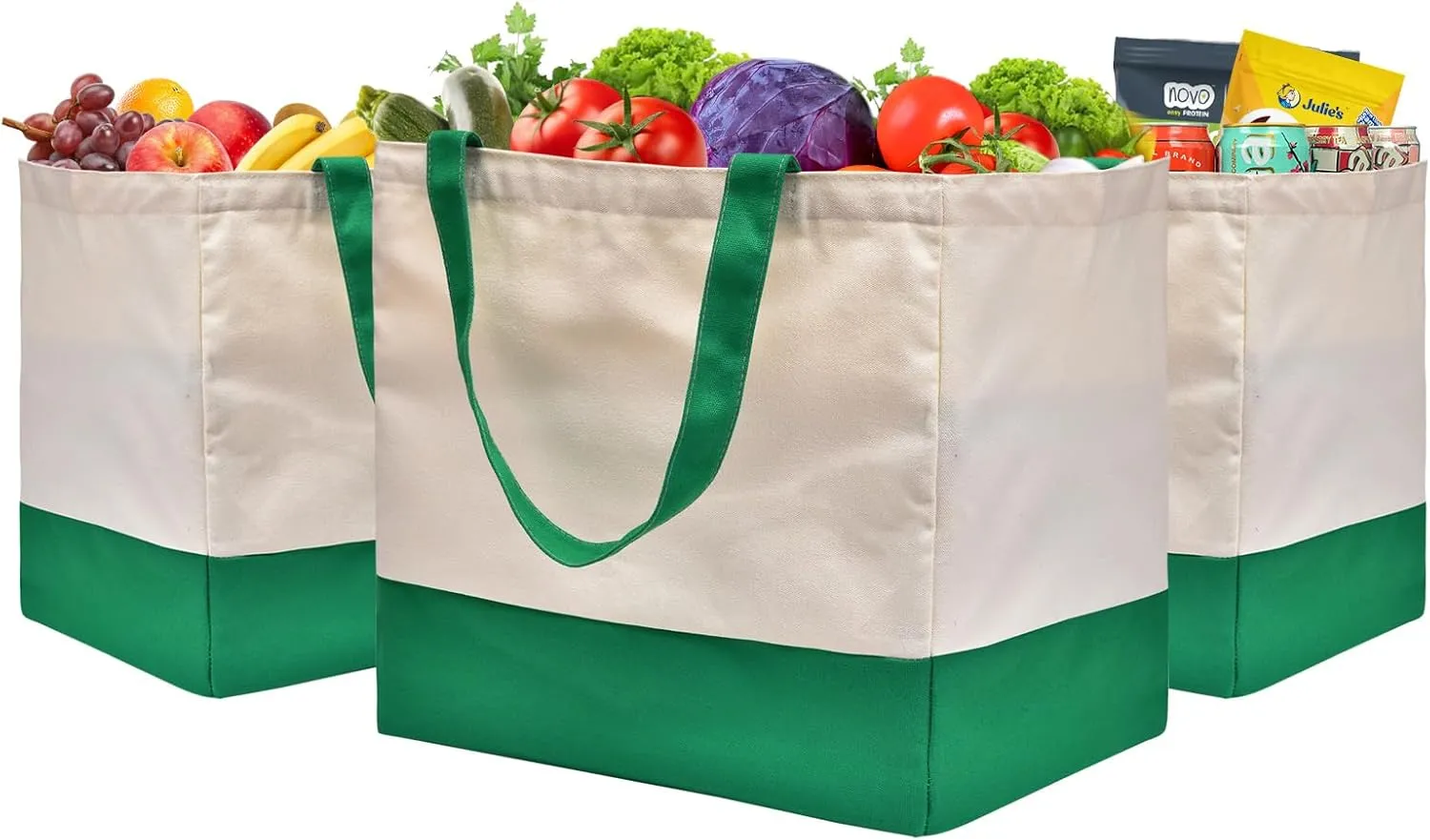 3 Pack Canvas Reusable Grocery Bags Heavy Duty, 8.3 gal Foldable Large Canvas Tote Bag with Handles, Holds 60 lbs Canvas Shopping Bags & Washable Eco-friendly Bags with 5 Pockets, Green Off white