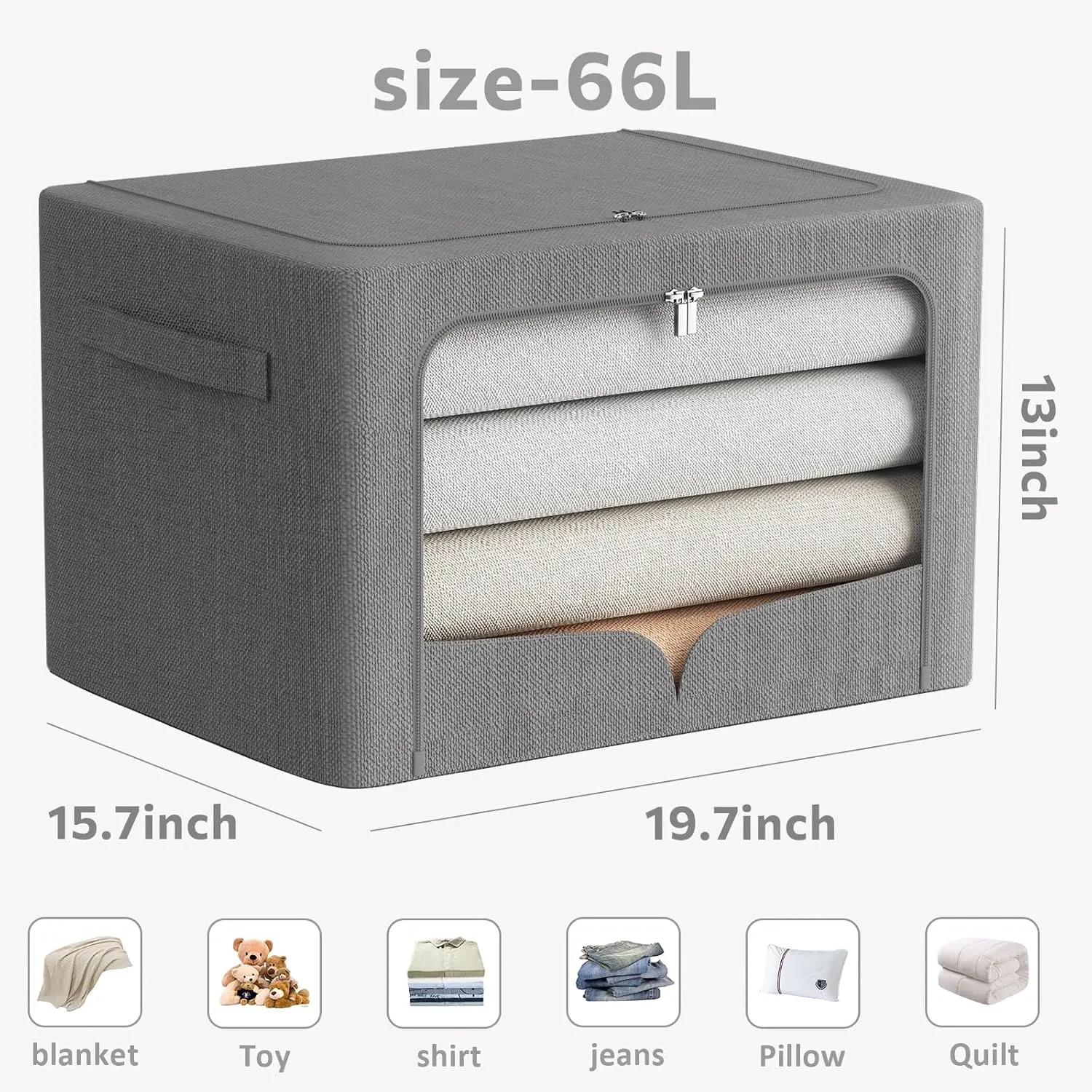 3 Pack Clothes Storage Bins - Foldable Metal Frame Storage Box - Stackable Linen Fabric Container Organizer Set with Carrying Handles and Clear Window (Dark Gray, 19.7x15.7x13inch(66L))