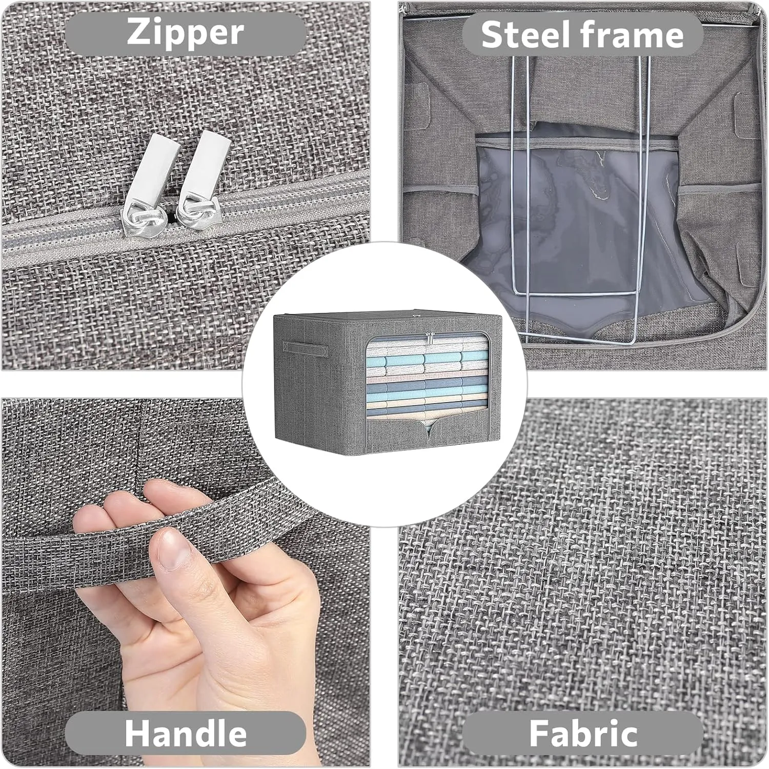3 Pack Clothes Storage Bins - Foldable Metal Frame Storage Box - Stackable Linen Fabric Container Organizer Set with Carrying Handles and Clear Window (Dark Gray, 19.7x15.7x13inch(66L))