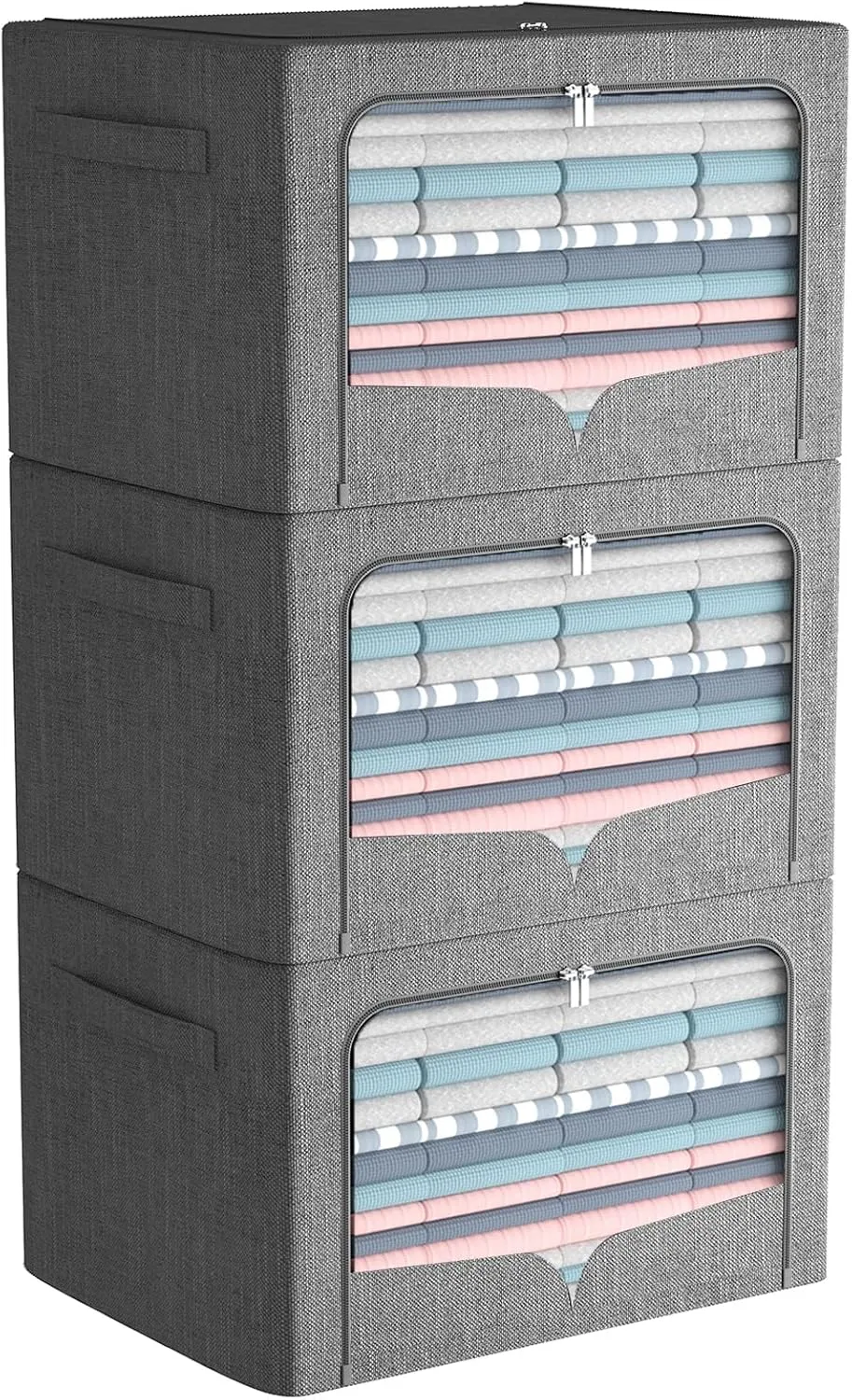 3 Pack Clothes Storage Bins - Foldable Metal Frame Storage Box - Stackable Linen Fabric Container Organizer Set with Carrying Handles and Clear Window (Dark Gray, 19.7x15.7x13inch(66L))
