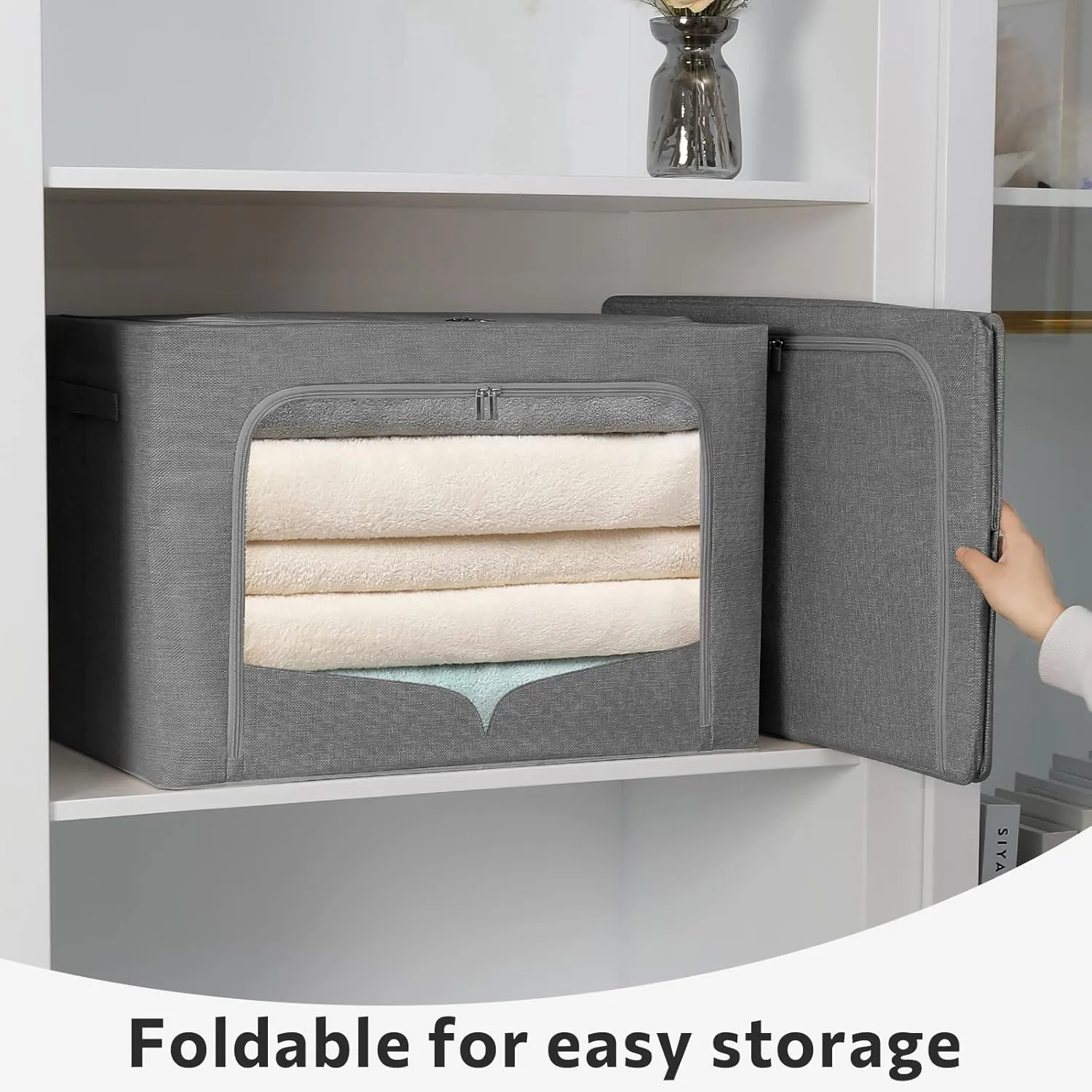3 Pack Clothes Storage Bins - Foldable Metal Frame Storage Box - Stackable Linen Fabric Container Organizer Set with Carrying Handles and Clear Window (Dark Gray, 19.7x15.7x13inch(66L))