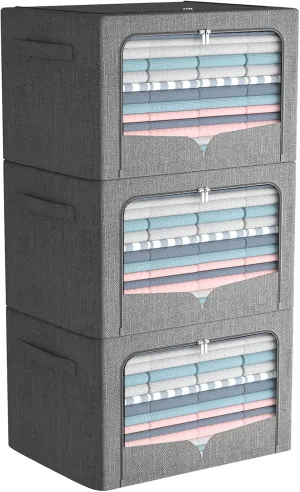 3 Pack Clothes Storage Bins - Foldable Metal Frame Storage Box - Stackable Linen Fabric Container Organizer Set with Carrying Handles and Clear Window (Dark Gray, 19.7x15.7x13inch(66L))