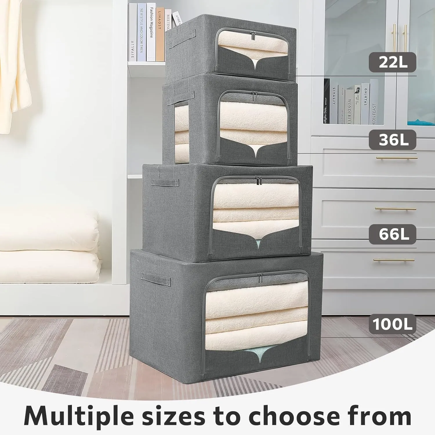 3 Pack Clothes Storage Bins - Foldable Metal Frame Storage Box - Stackable Linen Fabric Container Organizer Set with Carrying Handles and Clear Window (Dark Gray, 19.7x15.7x13inch(66L))