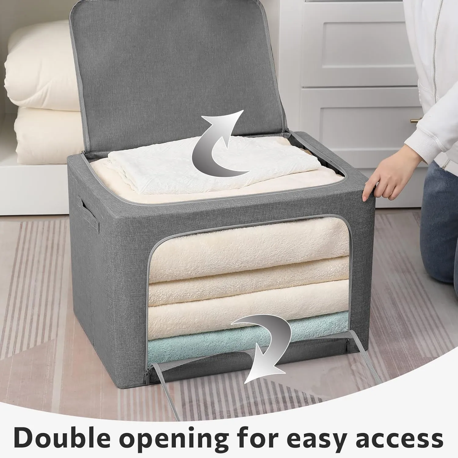 3 Pack Clothes Storage Bins - Foldable Metal Frame Storage Box - Stackable Linen Fabric Container Organizer Set with Carrying Handles and Clear Window (Dark Gray, 19.7x15.7x13inch(66L))