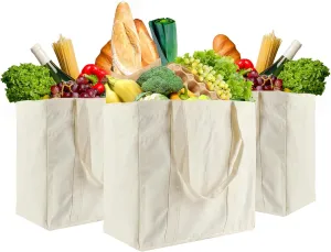 3 Pcs Grocery Bags Canvas 13.3”x13”x8” Reusable Shopping Bags with Real Pockets, Long and Sturdy Shoulder Strap Perfect for Groceries Heavy Duty, Foldable, Washable Grocery Tote Bag (Beige)