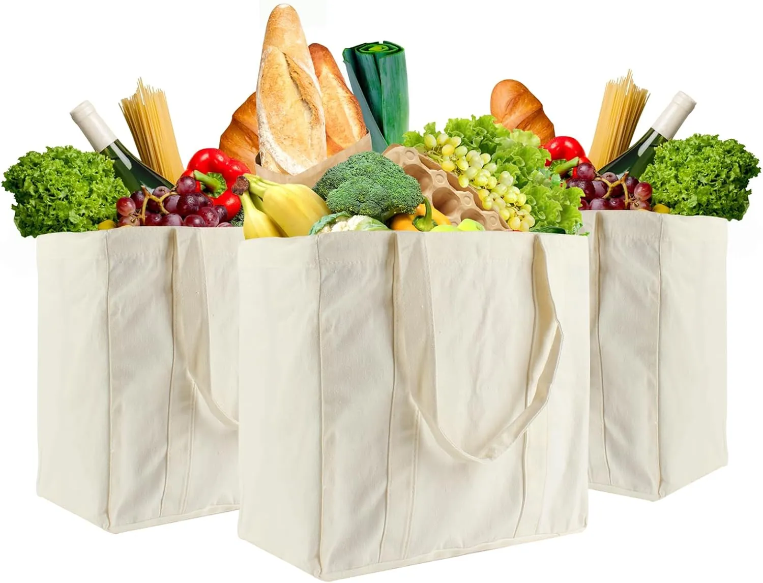 3 Pcs Grocery Bags Canvas 13.3”x13”x8” Reusable Shopping Bags with Real Pockets, Long and Sturdy Shoulder Strap Perfect for Groceries Heavy Duty, Foldable, Washable Grocery Tote Bag (Beige)