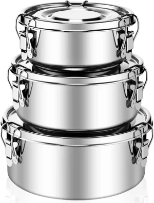 3 Pcs Small Stainless Steel Bento Box Reusable 304 Stainless Steel Food Storage Containers with Lockable Clips to Leak Proof, Dishwasher Safe(54 Oz, 74 Oz, 101 Oz)