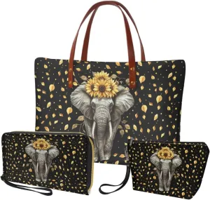 3 PCS Top Handle Tote Shoulder Bag for Women, Large Casual Handbag with Matching Wallet Cosmetic Case