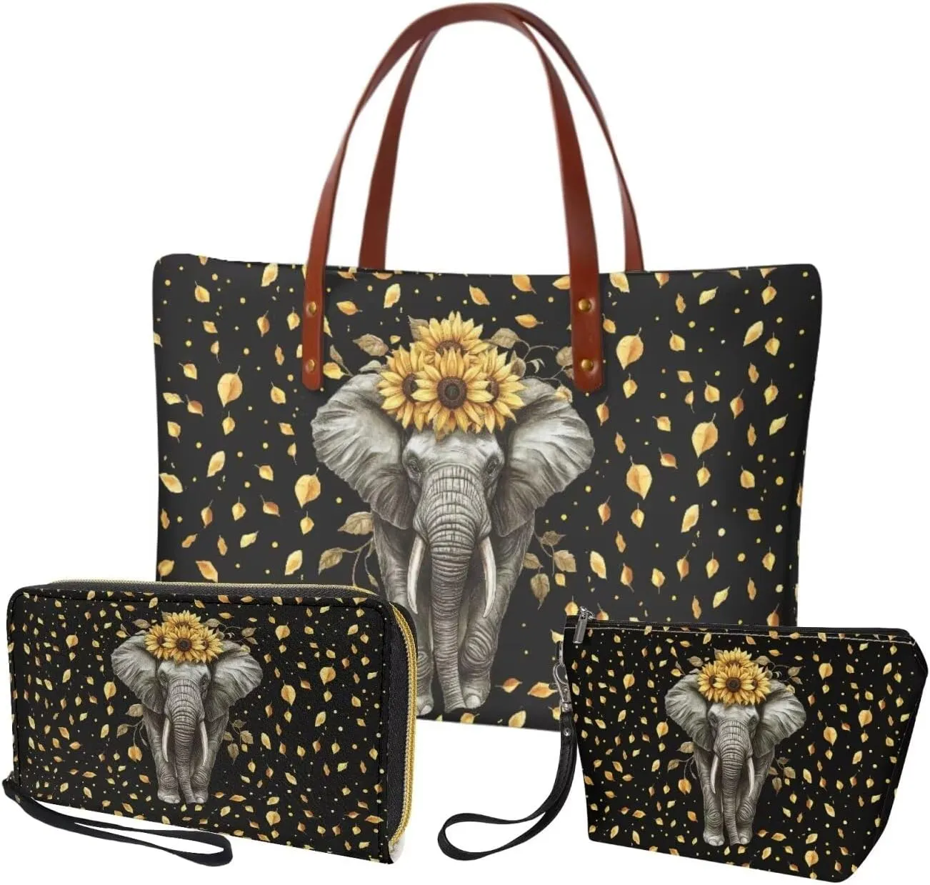3 PCS Top Handle Tote Shoulder Bag for Women, Large Casual Handbag with Matching Wallet Cosmetic Case